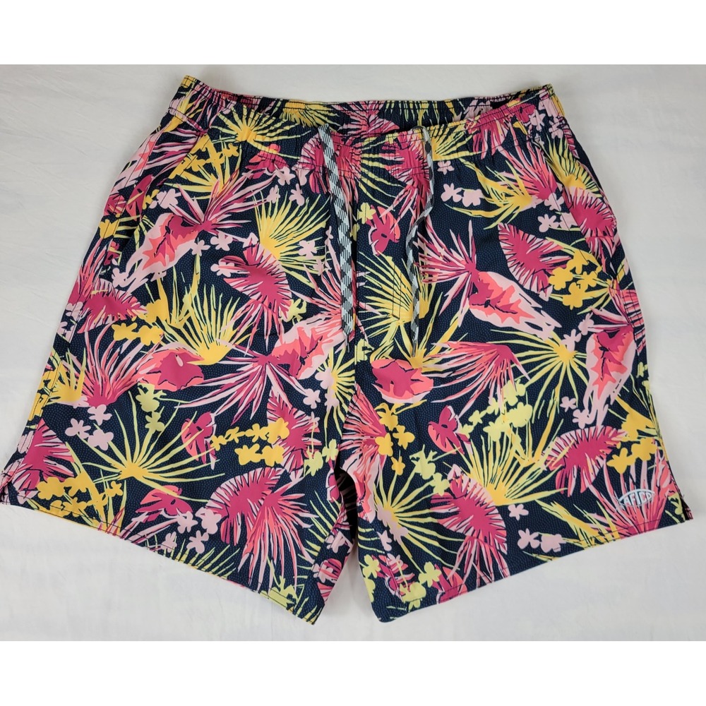 AFTCO Mens Tropical Palm Print Swim Trunks M Pink Yellow Navy M229 Board Shorts